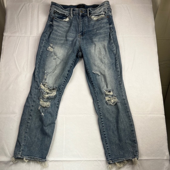 Judy Blue Denim - Judy Blue Straight Fit Distressed Raw Hem Jeans Medium Wash 11/30